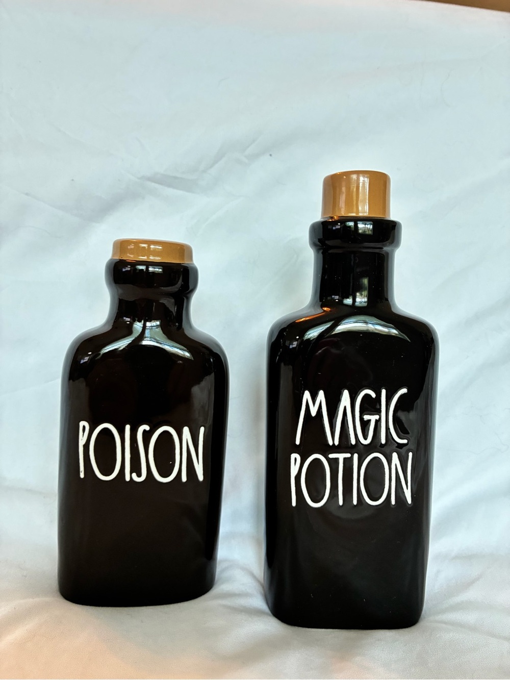 Rae Dunn Black 'Poison' & 'Magic Potion' Bottles with Tan Caps